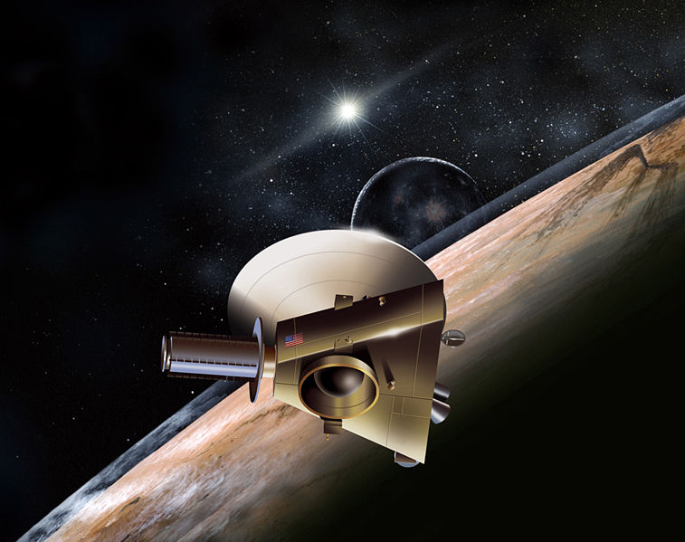 Artist's impression of New Horizons spacecraft fly-by of Pluto By NASA (NASA) [Public domain], via Wikimedia Commons